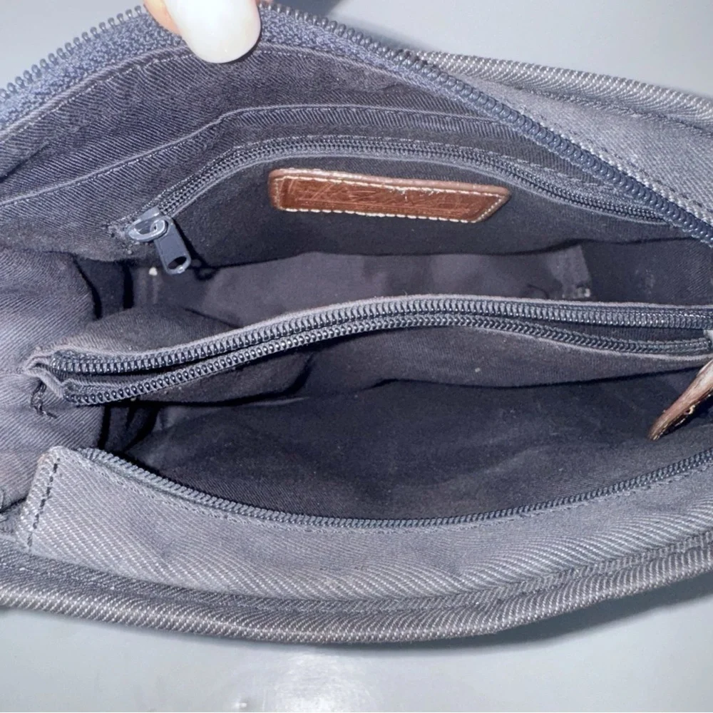 Fossil Vintage Y2K Crossbody Bag Charcoal Gray Canvas & Brown Leather Handbag
